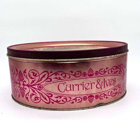 Vintage Currier & Ives Winter Pastime Decorative Tin Red Gold Round Storage - Picture 4 of 9